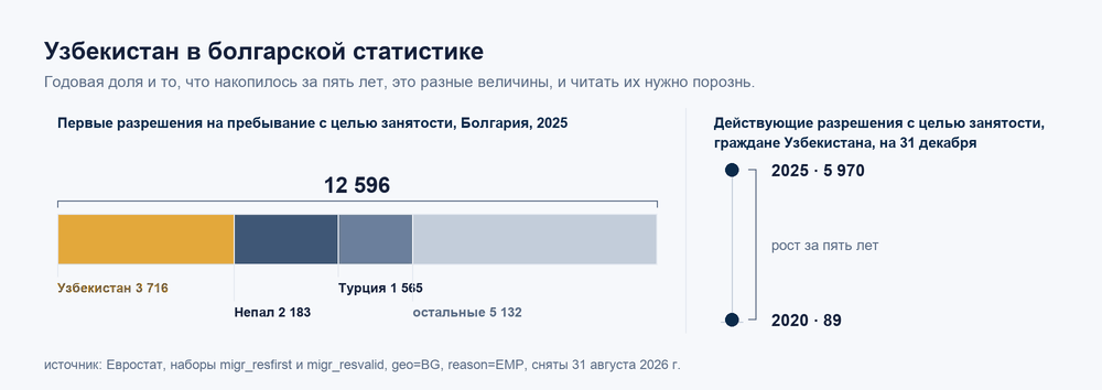 Узбекистан в болгарской статистике 2025 года: 3 716 первых разрешений с целью занятости из 12 596, впереди Непала и Турции; действующих разрешений у граждан Узбекистана 5 970 против 89 в 2020 году
