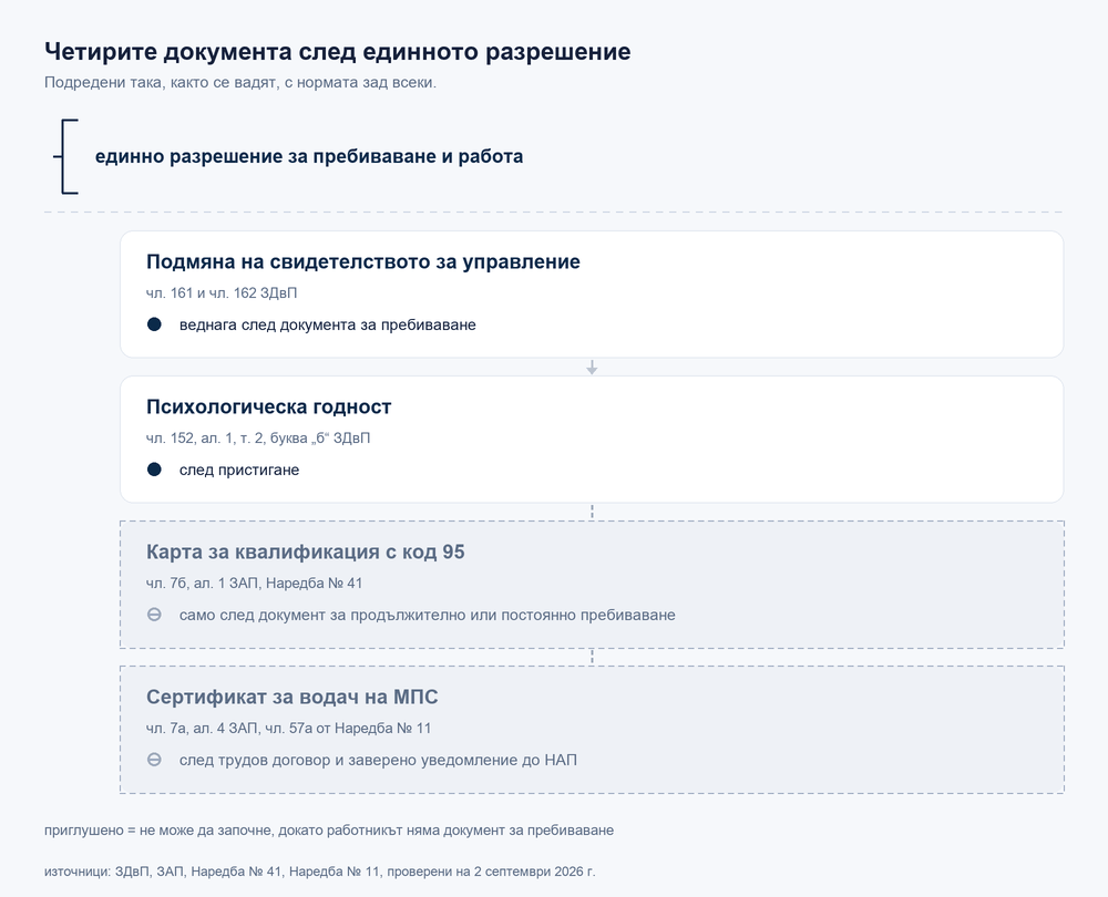 Четирите документа след единното разрешение: подмяна на книжката, психологическа годност, карта за квалификация с код 95 и сертификат за водач, с нормата и момента за всеки